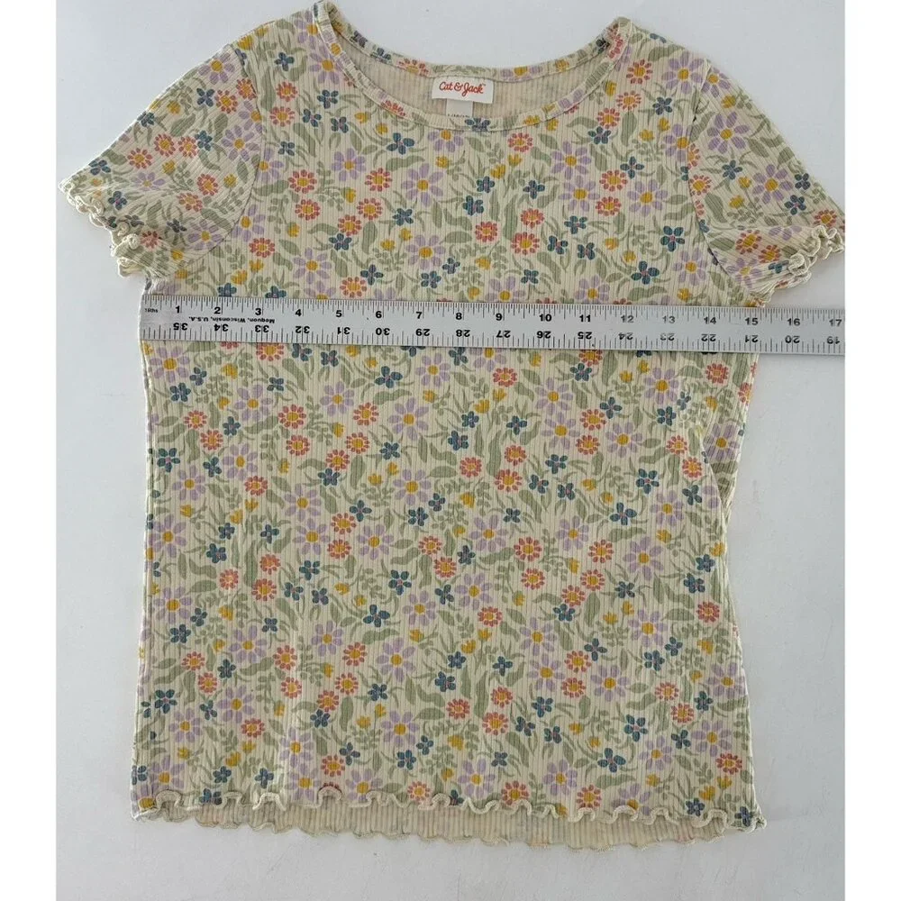 Cat & Jack Ditzy Floral Ribbed Knit Top Girls‎ Short Sleeve Beige Shirt L 10/12